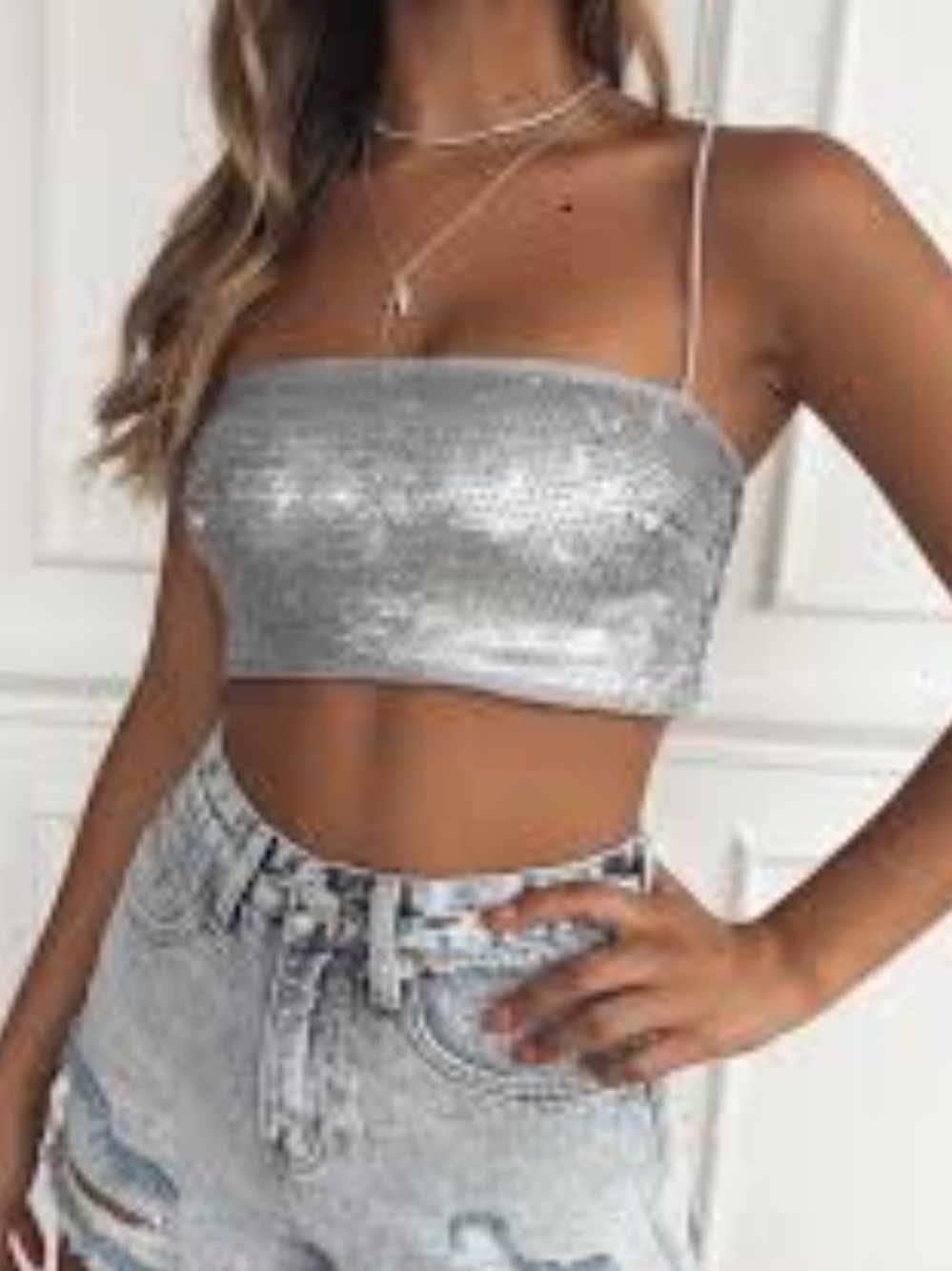 White Fox 🛍Boutique Silver Sequin Strappy Crop Top